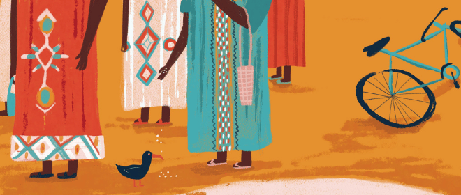 A colourful illustration of four women from waist down wearing traditional African dresses. One of them is throwing some seed to a black bird at the right of the picture we see a bicycle dropped on the ground.