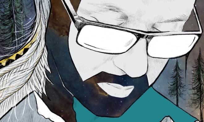 An edited photograph of a headshot of a man in glasses looking down, his beard is edited to have a galaxy inside it and there are trees and a night sky behind him