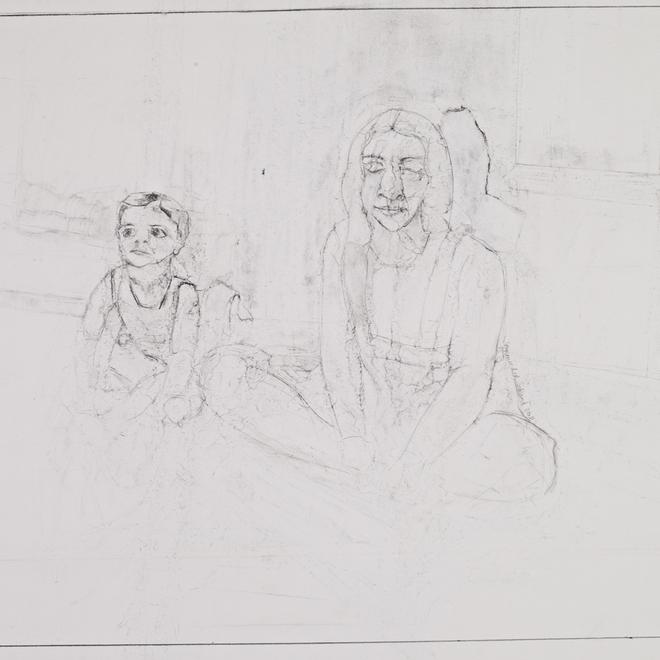 A photograph of a sketch drawing of a woman and young girl sat crossed legged, the lines are very faint on the drawing and barely visible