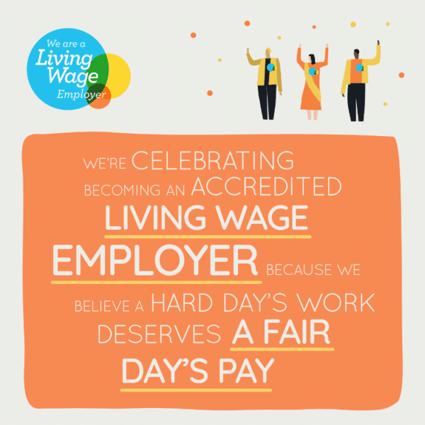 an illustration celebrating that New Art Exchange is a Living Wage employer, reads